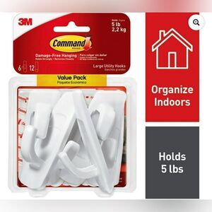 New! Command Large Utility Hooks 6 Hooks & 12 Command Strips Holds 5 lbs NIB